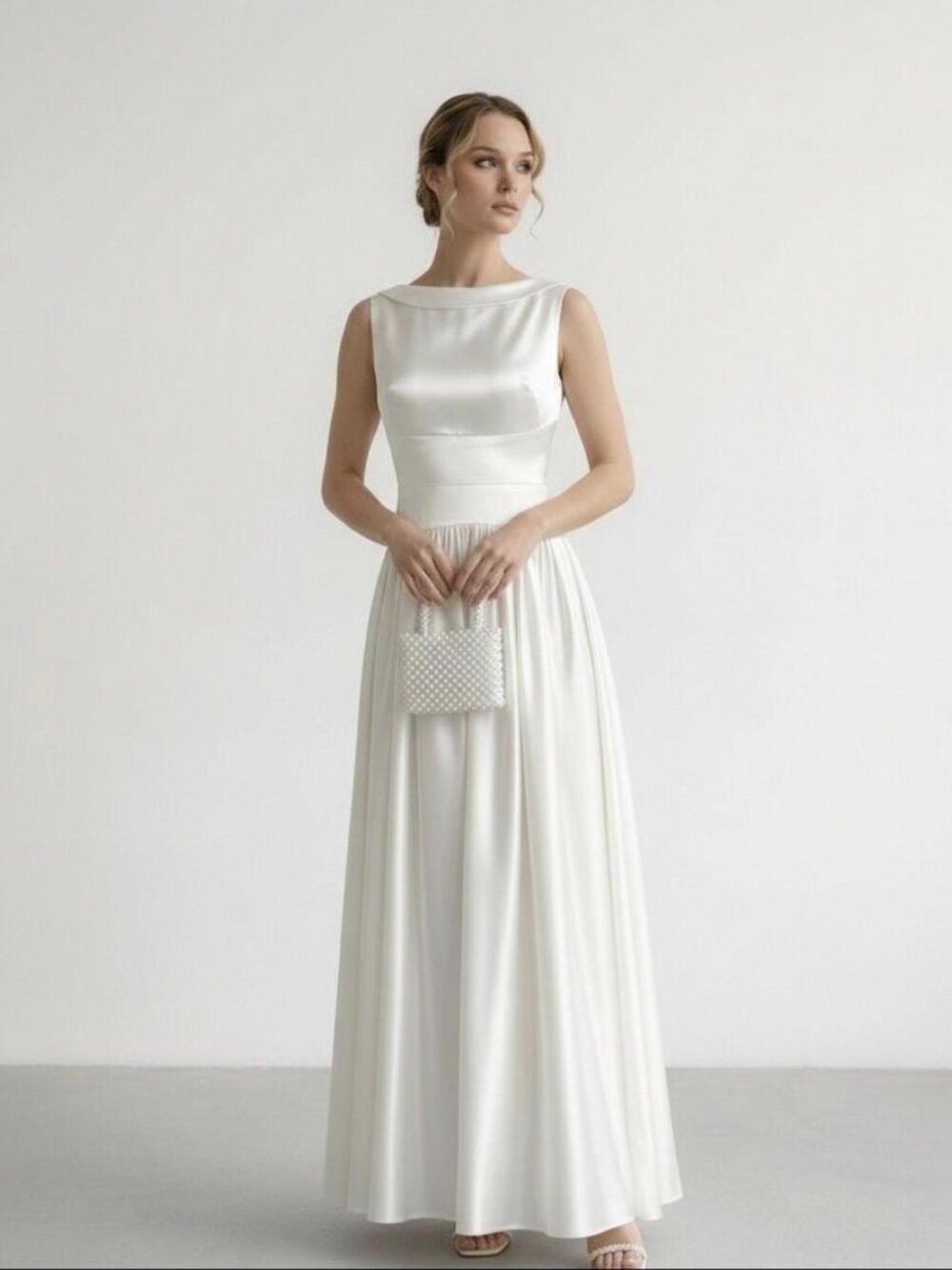 Miralys Co blush nude silk satin boatneck drop waist maxi dress